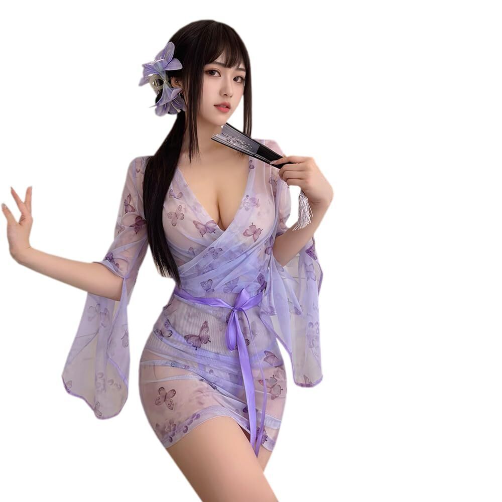 3703 sexy kimono lingerie robe cosplay Floral Pattern mesh short dress Cute